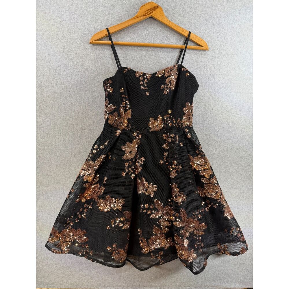 INA Final Black Bronze Sequin Floral Fit & Flare Dress Medium 3421 - Picture 1 of 6